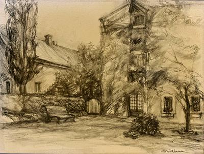Gibbys courtyard end of summer studies #1 soft lead pencil and oil on canvas