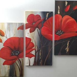 Poppy Flower with Gold Flakes (3 boards) Acrylic Painting