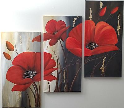 Poppy Flower with Gold Flakes (3 boards) Acrylic Painting