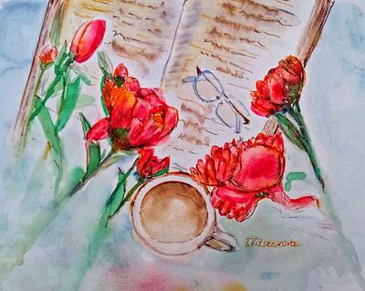 Summer and flowers. Red peonies and book