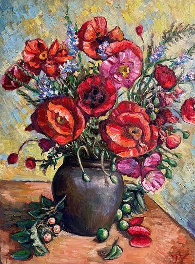 Still Life- Red Poppy Flower in Vase