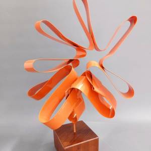 Orange Flower on Recycled Wood Pedestal