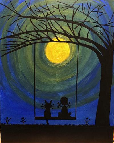 Kitty and her Cat Swinging in the light of the Moon