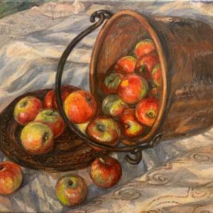 Apples in  a copper bucket, sunset light