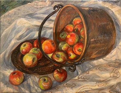 Apples in  a copper bucket, sunset light