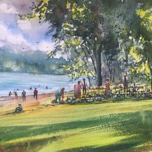 Picnic - 11"x16",  watercolor on paper,   This painting is awarding winning at Mcmicheal plein air competetion!