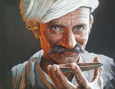 Old man holding tea on the plate for drink painting
