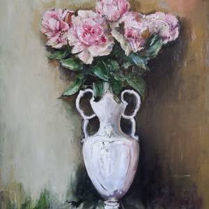 Pink flowers in an antique vase
