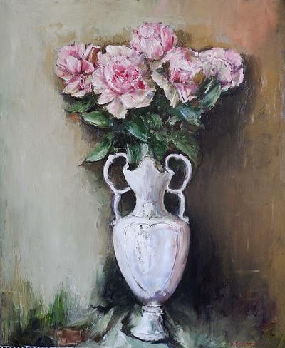 Pink flowers in an antique vase