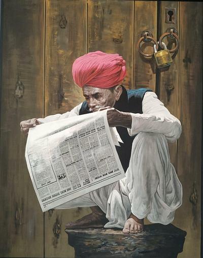 Old Man Reading Newspaper painting