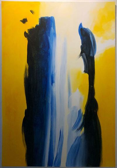 Abstract Art. Hand drawn oil painting on canvas. (Yellow & Blue and Black) - 2