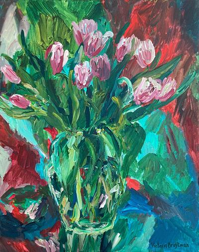 Pink Tulips in a Glass Vase. A Variation