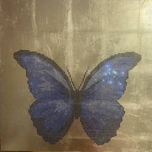 Blue Morpho Butterfly - Gold leaf and crystals on panel 61cm ✕ 61 cm (24” ✕ 24”); Year of creation 2021