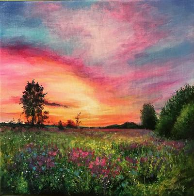 Flamboyant Sunset and Wildflower Fields