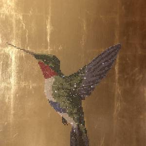 Hummingbird - crystals and gold leaf on panel  60cm ✕ 91cm (23’’ ✕ 35’’); Year of creation 2020