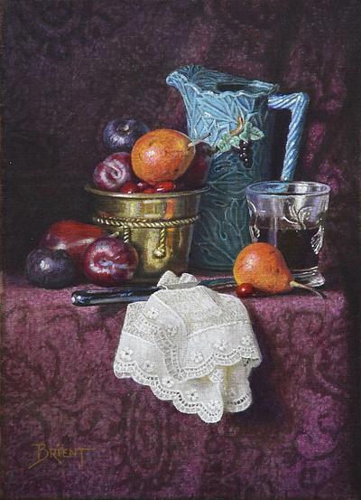 Pichet turquoise et fruits / turquoise jug of barbotine and fruits