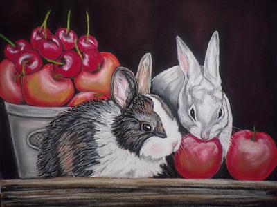 Bunnies and apples -Rabbit painting