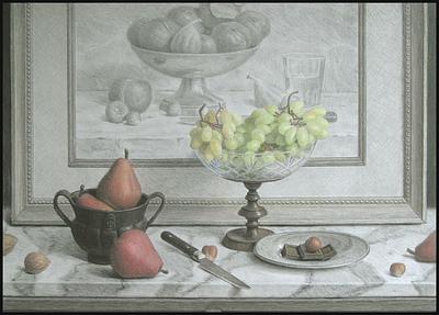 Un Compotier de raisins verts devant un dessin encadré / A Plate of Green grapes in Front of a Framed Drawing